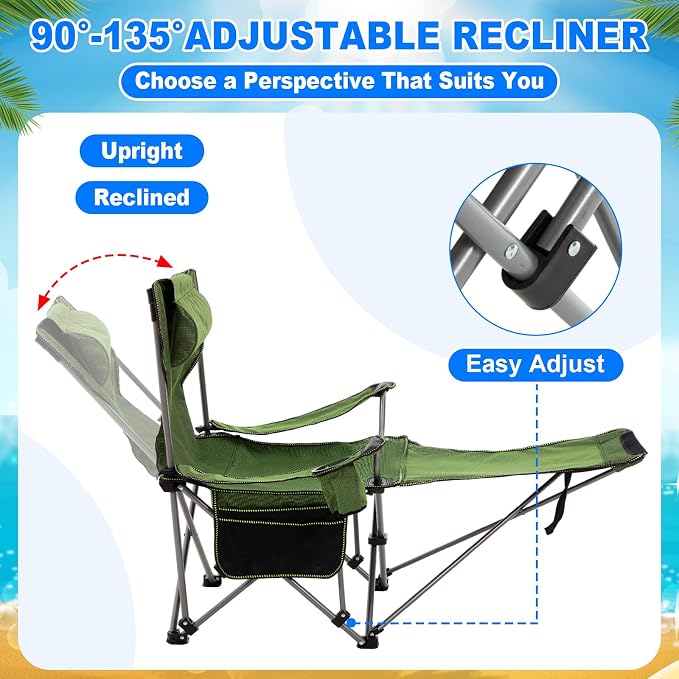 Yuntau 2 Set Reclining Beach Chairs with UPF 50+ Umbrellas Shade, Upgraded Heavy Duty Portable Folding Lounge Camping Chair with Canopy Removable Footrest & Headrest for Outdoor Patio(Green)