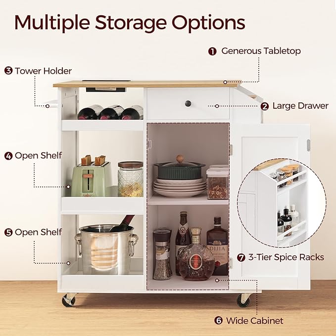 MAHANCRIS Kitchen Island with Power Outlet, Kitchen Storage Island with Drawer, Rolling Kitchen Cart on Wheels, Spice Rack, Towel Rack, Wine Rack, for Dining Room, White and Walnut KIBZ122E01