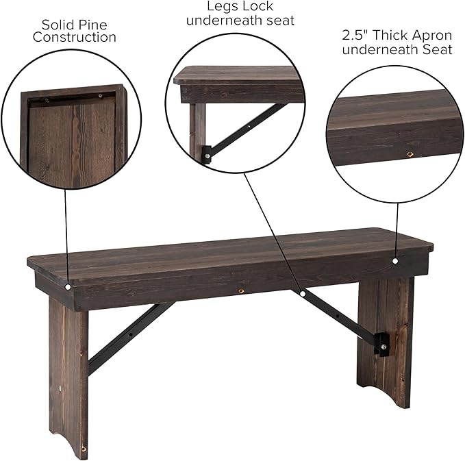 Flash Furniture HERCULES 40" x 12" Folding Farm Bench, Solid Pine Entryway Bench in Mahogany