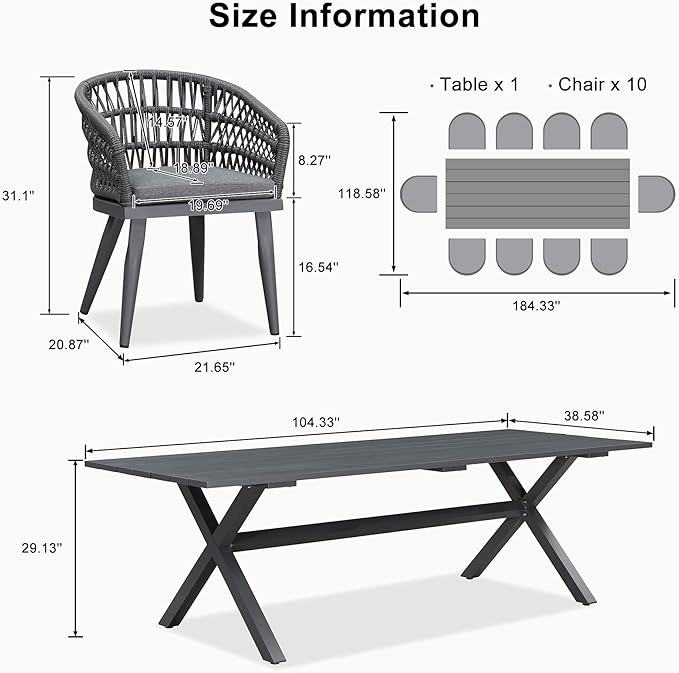 PURPLE LEAF 11 Pieces Outdoor Dining Set All-Weather PE Rattan Outdoor Patio Furniture Set with All Aluminum Frame Rectangular Table and Chairs Set for Lawn Garden Backyard Deck, Grey