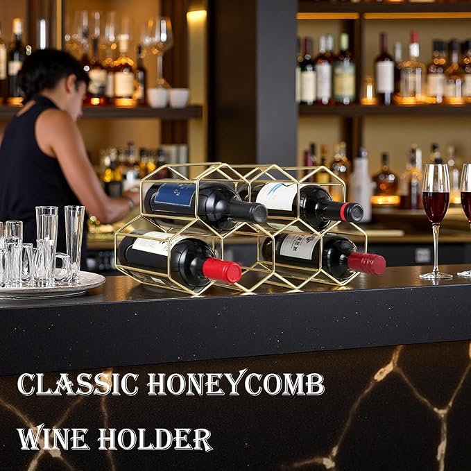 Buruis 9-Bottle Countertop Wine Rack, Honeycomb Metal Wine Holder for Red & White Wines, Standing Bottle Organizer for Home, Kitchen, or Bar, Gold