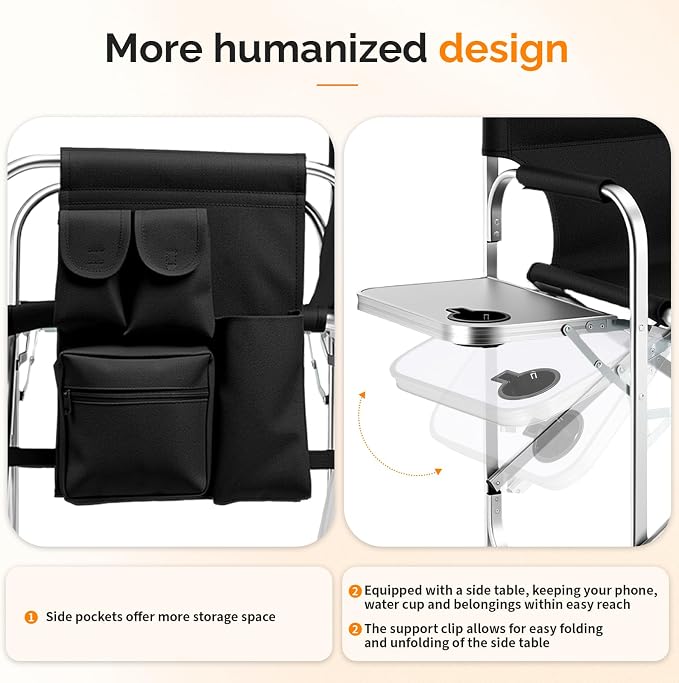 VINGLI 31" Tall Director's Chair for Makeup Artist, Aluminum Portable Makeup Chair with Retractable Side Table & Footrest,Supports 300 lbs, Foldable Makeup Chair for Studio, Silver & Black