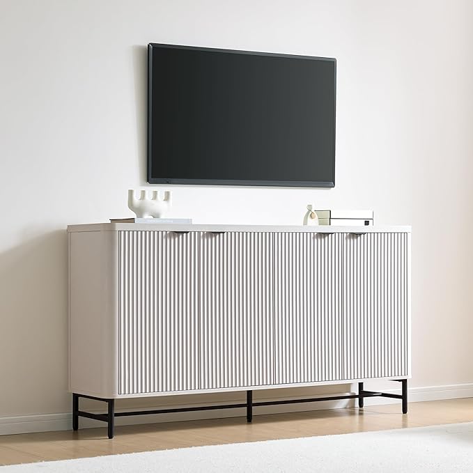 Fatmok 65" Large Sideboard Buffet Cabinet with Storage, Set of 2 Modern Fluted Credenza Accent Coffee Bar Console Tables with Doors & Adjustable Shelves for Living Room or Hallway, White