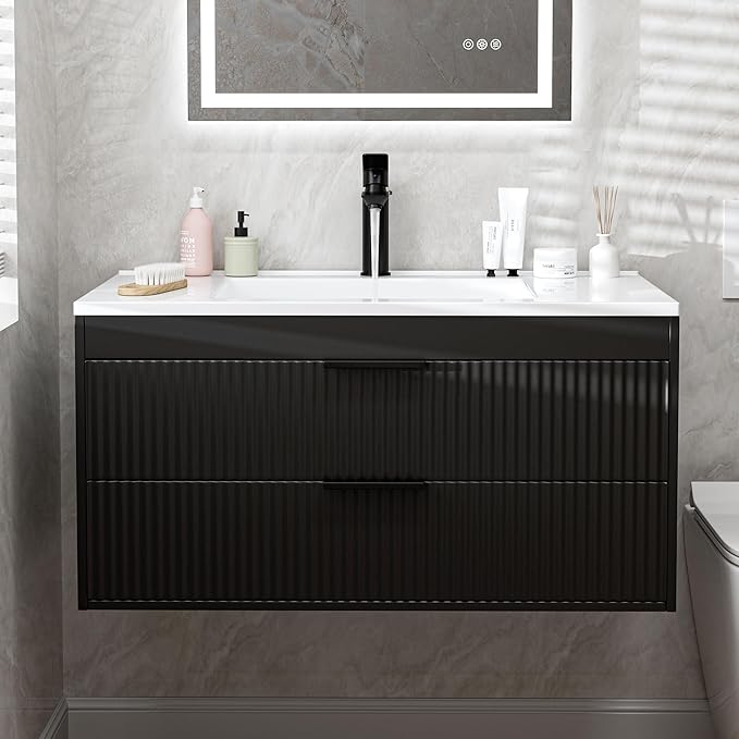 36 Inches Modern MDF Bathroom Vanity with Sink, Wall Mounted Floating Cabinets w/Double Drawers, Black Handles, White Resin Sink Combo Set (Black, 36")