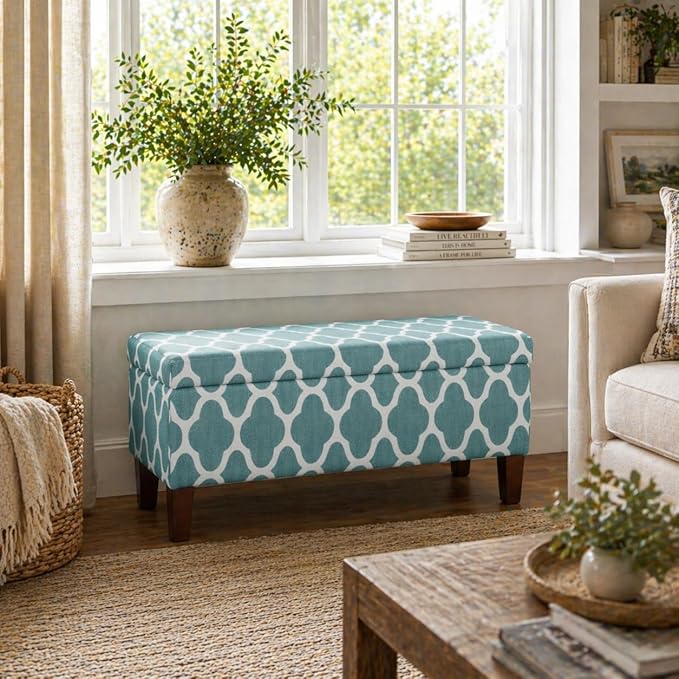 HomePop Large Upholstered Rectangular Storage Ottoman Bench with Hinged Lid, Teal Geometric
