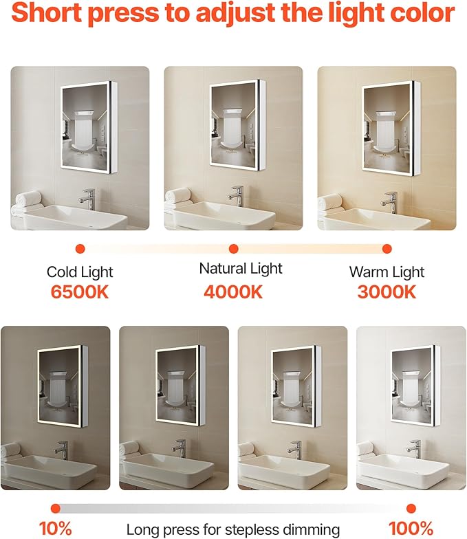 VEVOR Lighted Medicine Cabinet with Mirror, 24 x 32 in Recessed or Wall Mount, 3 Color Dimmable LED Bathroom Medicine Cabinet with Magnifying Mirror, Adjustable Shelve Storage, Memory Defog Function