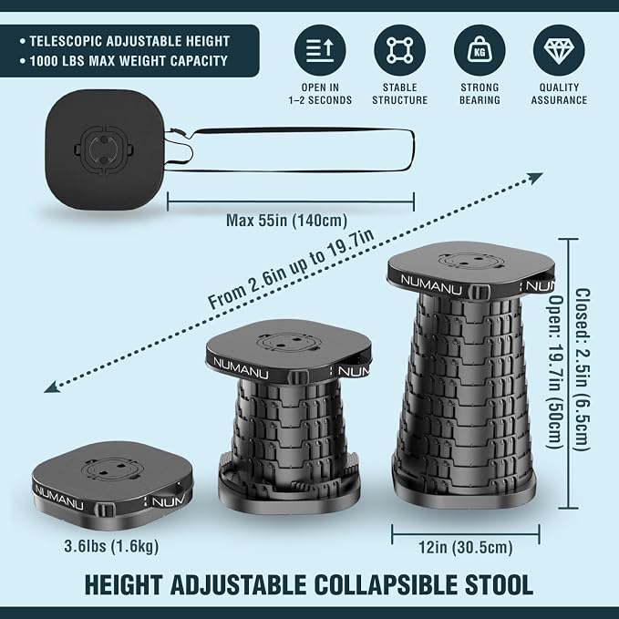 NUMANU 2026 Upgraded XXL Collapsible Stool & 3IN1 Cushioned Carry Bag, 2.6"-19.7" Height Adjustable, Max 1,000lbs Portable Retractable Telescoping Seat, Foldable Camping Stool for Adults (XXL Square)