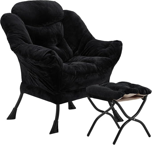 Youtanic Lazy Chair with Folding Ottoman, Accent Chair Plush Upholstered with Metal Structure and Non-Slip Pads, Sofa Armchair with Footrest and Side Storage Bag for Dorm, Room, Office, Black