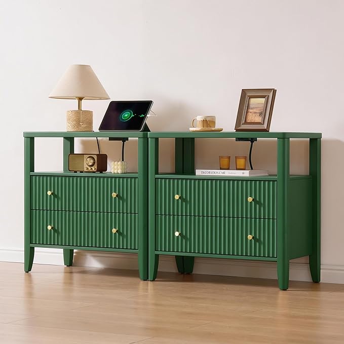 Fluted Nightstand with Charging Station, 27.3" Tall Modern Bedside Table with 2 Drawers & Open Shelf, Large Wide Wood End Table with Storage & Metal Handle for Bedroom, Green