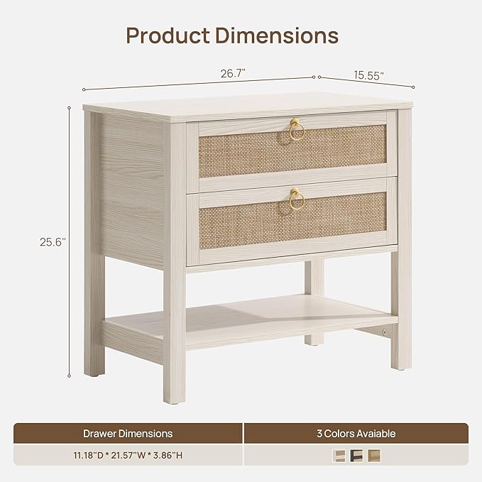 SICOTAS Boho Rattan Nightstand Set of 2, 26.7" Extra Wide Bedside Table with 2 Drawers & Open Shelf, White Oak Large Side Table for King Size Bed, Modern Coastal End Table for Master Bedroom