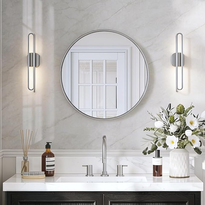 USHOWER Brushed Nickel Bathroom Mirrors for Over Sink, 24 Inch Circle Mirror with Metal Frame, Wall Mirror for Vanity, Entryway, Living Room, Hallway and Bedroom Decor