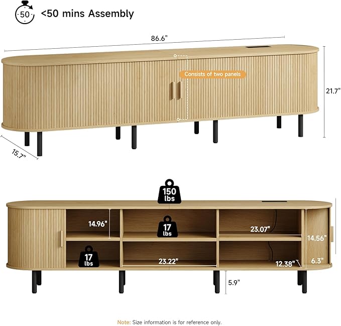 ONBRILL 86.6" TV Stand with Power Outlet for TVs up to 90 Inch, Entertainment Center with Storage and Adjustable Shelves, Modern Media Console with Sliding Doors for Living Room, Oak