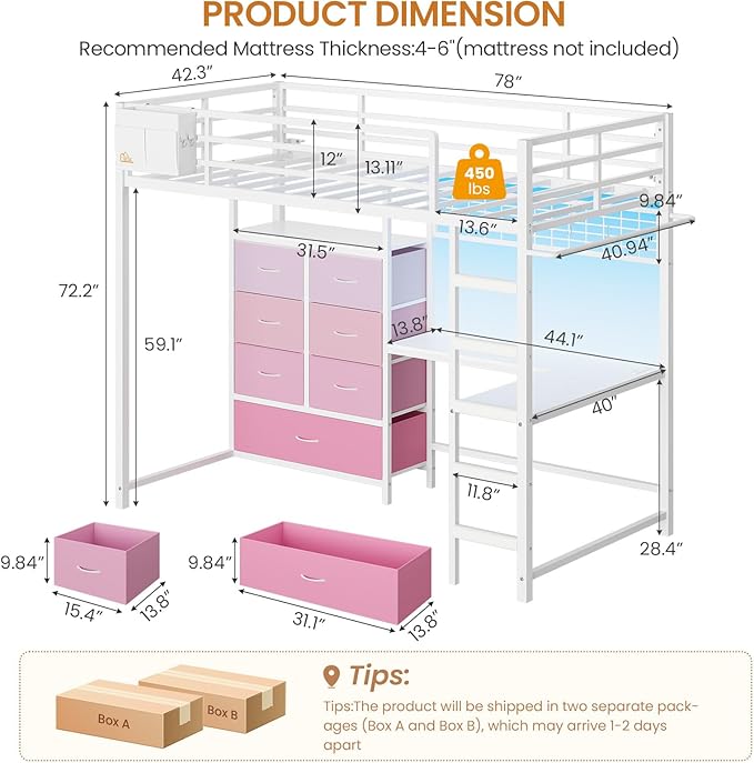 DICTAC Twin Size Loft Bed with L-Shaped Desk and 7 Storage Drawers,Metal Twin Loft Bed for Kids with LED Lights & Charging Station,Girls loft beds with 13.11" H Safety Guardrail and Stair,White+Pink