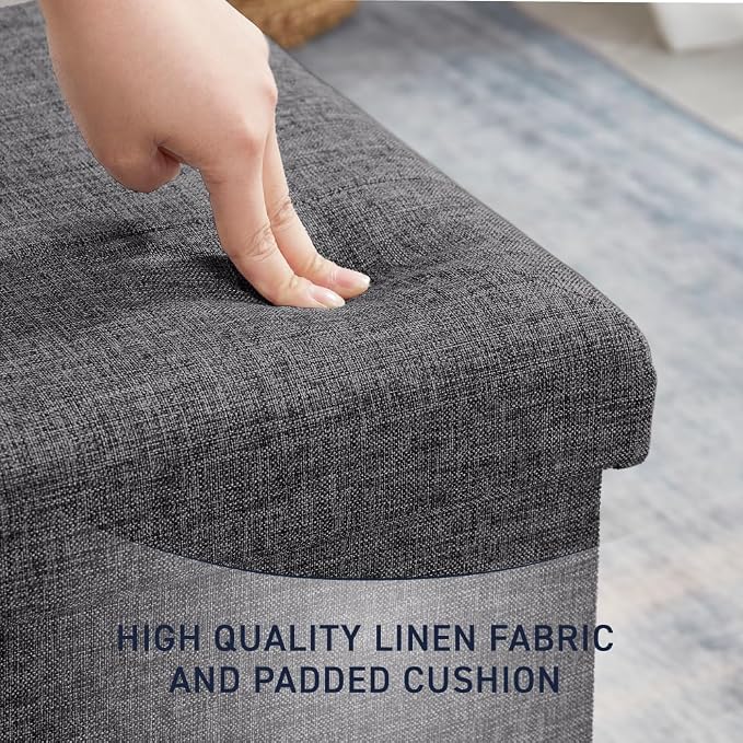 Ornavo Home 2 Pack 15 Inch Folding Storage Ottoman with Storage, Square Cube Linen Small Storage Ottoman Foot Rest Stool - Dark Gray