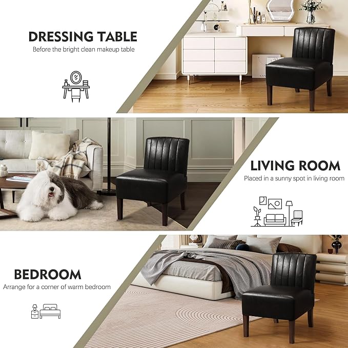 VIRRMO Armless Accent Chairs Set of 2 Upholstered Dining Chairs Living Room Chairs with Solid Wood Legs Bedroom Chair Leather Reading Chair Comfy Chair for Bedroom Vanity Kitchen (Black)