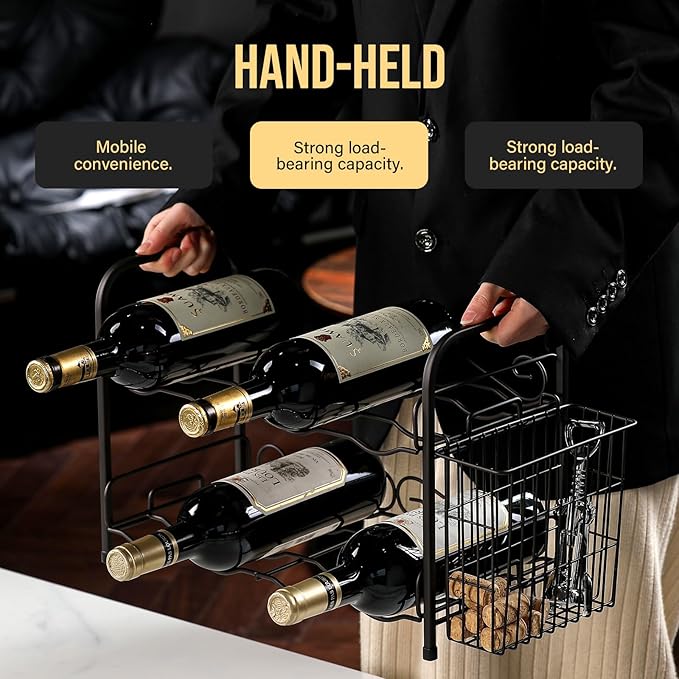 Wine Rack, 2-Tier 8 Bottles Wine Racks with Cork Holder Countertop Cabinet Wine Holder Wine Storage Shelf for Pantry Kitchen Bar Black
