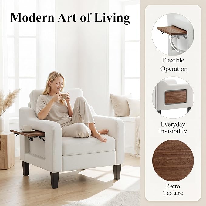 Accent Chair for Living Room, Mid-Century Upholstered Armchair with Foldable Table & 2 Side Pockets, Modern Linen Wooden Sofa Chair for Bedroom & Reading Room, Beige