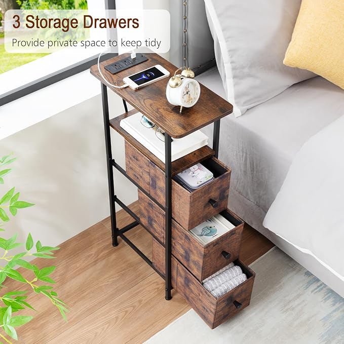 LOAKEKEL Narrow End Tables Living Room Set of 2 with Charging Station, Skinny Side Table with Fabric Drawers, Slim Nightstand for Bedroom, Small Spaces, Couch, Rustic Brown, HETNDP03PBR