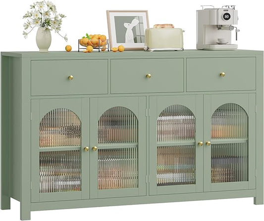 FINETONES Buffet Cabinet with Storage, 55.1" Large Sideboard Buffet, Farmhouse Kitchen Cabinet with 3 Drawers and 4 Doors, Wood Coffee Bar Table for Kitchen, Green