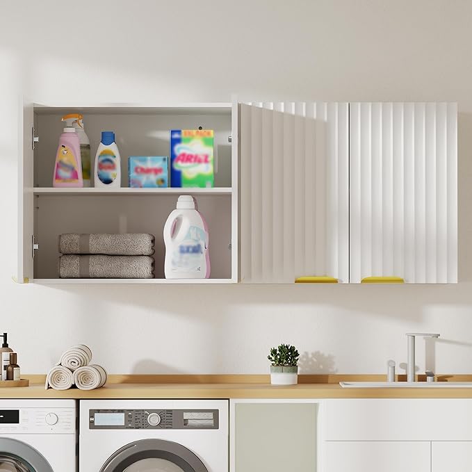 ChooChoo 4 Doors Wall Cabinet Laundry Room, Bathroom Wall Cabinet with Adjustable Shelf, Fluted Wall-Mounted Medicine Cabinet, Storage Cabinet for Kitchen, Garage, White