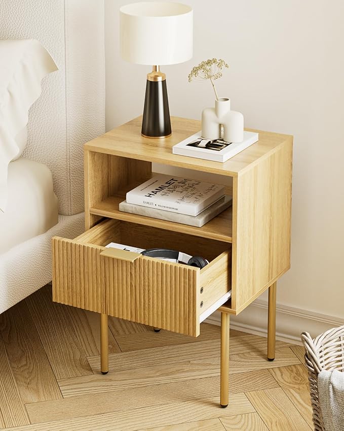 Aienvey Night Stand, Modern Nightstand with Drawers, Bedside Table, Gold Small Side Table for Bedroom, Living Room End Table (Oak Stripe, 1 Drawer)