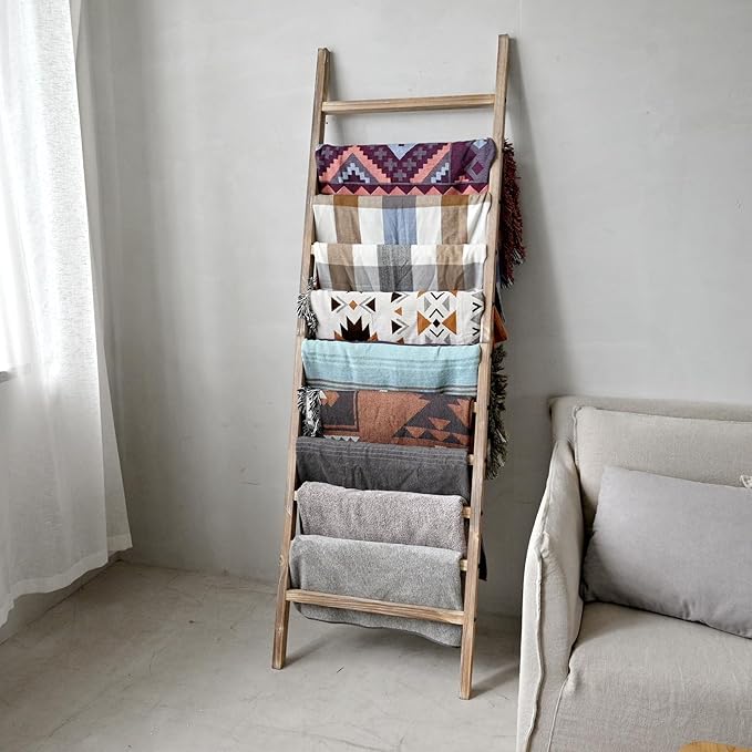 FUIN 6.4ft Extra Wide Wooden Blanket Ladder Living Room Decorative Wal Leaning Farmhouse Quilt Display Holder Rustic Wood Towel Rack for Bathroom, Burnt Brown, 24 inch Wide with 11 Rungs