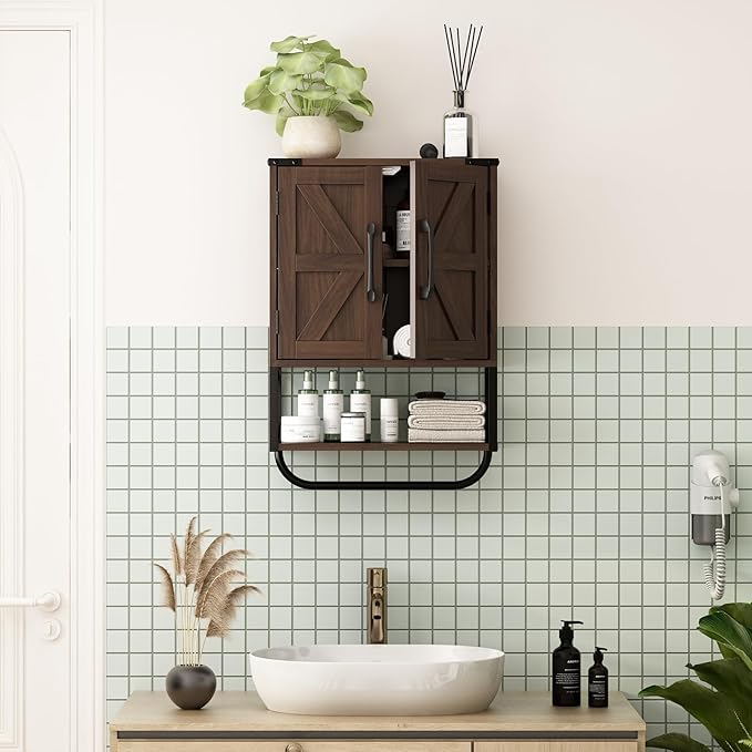 RUSTOWN Farmhouse Rustic Medicine Cabinet with Two Barn Door,Wood Wall Mounted Storage Cabinet with Adjustable Shelf and Towel Bar, 3-Tier Cabinet for Bathroom(Dark Walnut)