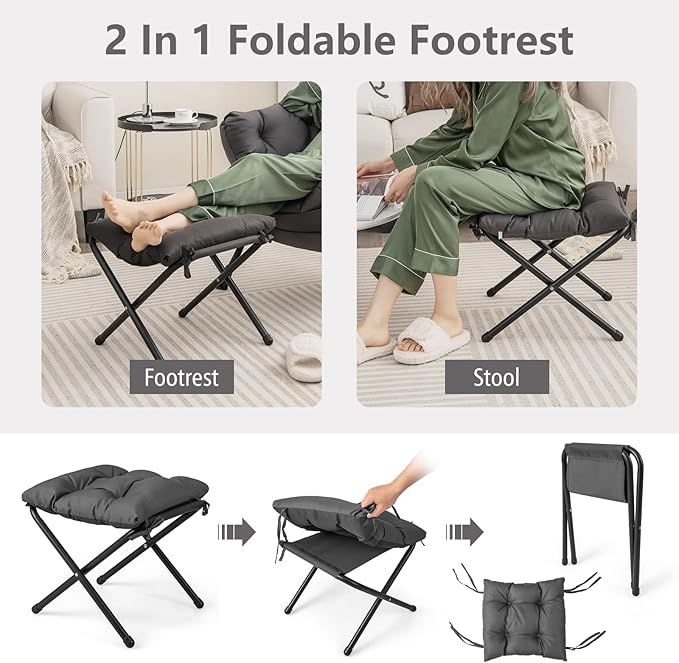 Giantex Lazy Chair with Ottoman, Accent Sofa Chair with Folding Footrest, Side Storage Pocket, Upholstered Leisure Lounge Armchair with Stool for Bedroom, Living Room, Office, Gray
