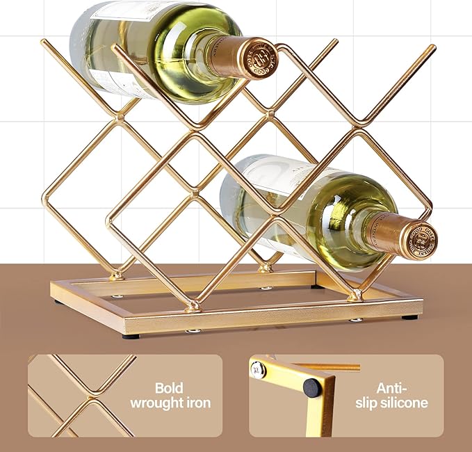 Countertop Wine Rack - 5 Bottle Freestanding Modern Gold Metal Small Wine Rack - Tabletop Wine Holder Stand for Cabinet, Pantry, Wine Bottle Storage…
