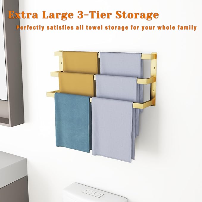 SEIDO 32 Inch 3-Tier Towel Rack, Heavy Duty Square Ladder Design Towel Bar Wall Mounted, Brushed Gold 304 Stainless Steel Rustproof Towel Holder for Bathroom, Kitchen, Laundry