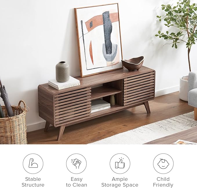 mopio Ensley 59" Tall TV Stand with Slatted Door, Mid Century Modern Entertainment Center for 55-65 inch TV, Farmhouse Media Console with Storage, Adjustable Shelves, Round Edges, Living Room (Walnut)