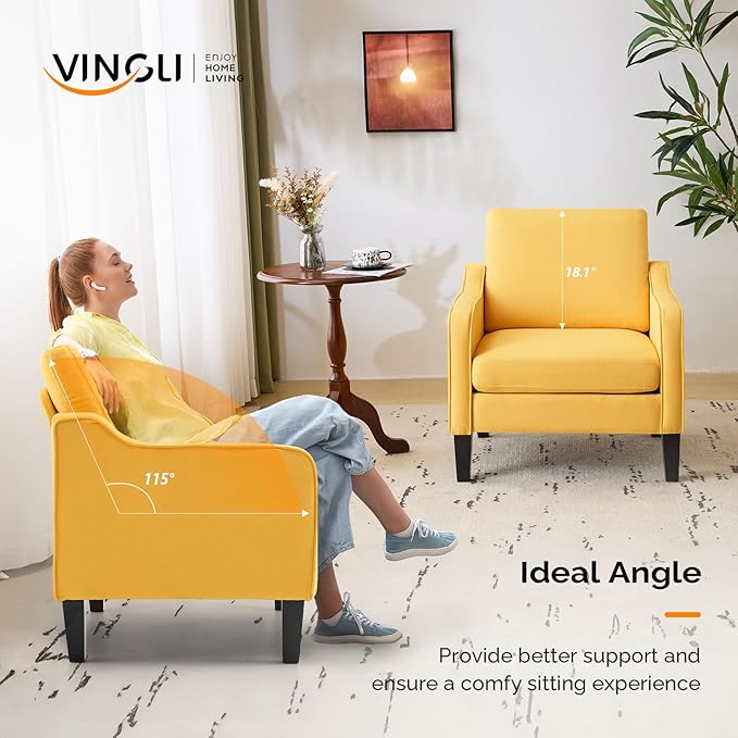 VINGLI Chair Yellow Upholstered Linen Accent Chair for Living Room, Bedroom, Mid-Century Modern Arm Chair Comfy Reading Chair with Scooped Arms