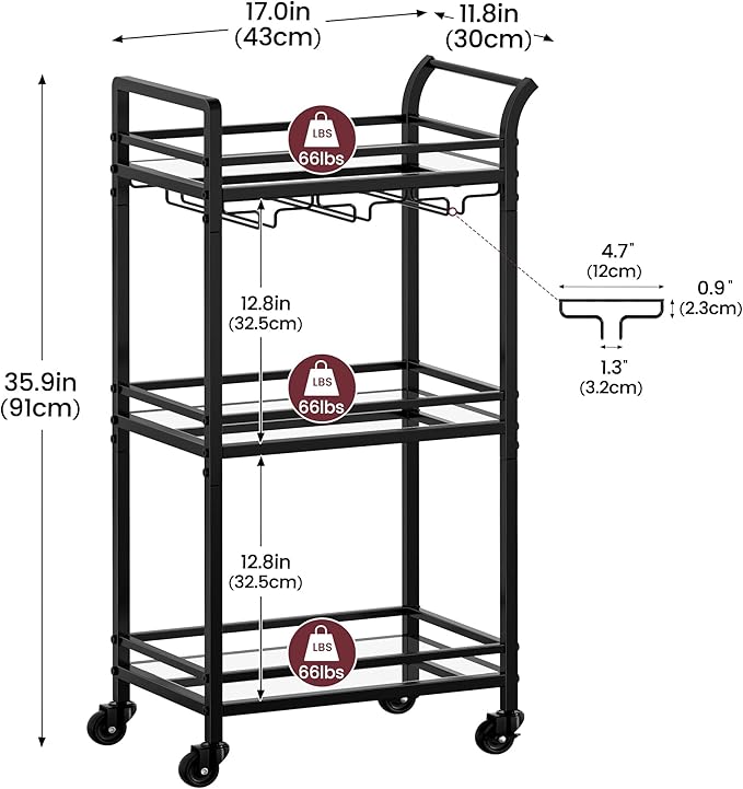 Black Small Bar Cart with 3-Tier Mirrored Shelf, Glass Holders for Kitchen, Dining Room, Living Room - Drink Cart on Wheels with Wine Glass Rack