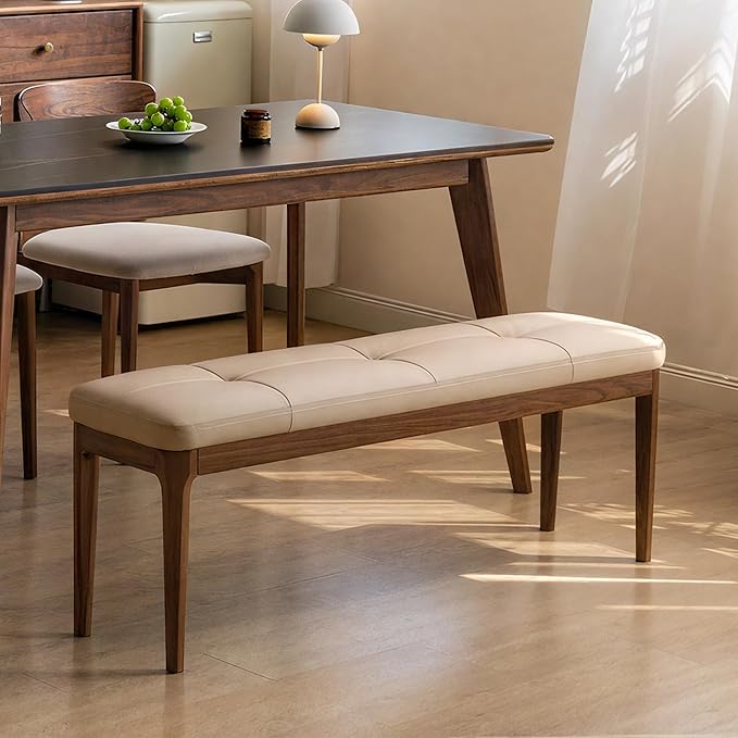 55.1'' Black Walnut Tufted Leather Dining Bench, Bedroom End of Bed Leather Upholstered Bench for Entryway with 100% Solid Black Walnut Leg Frame