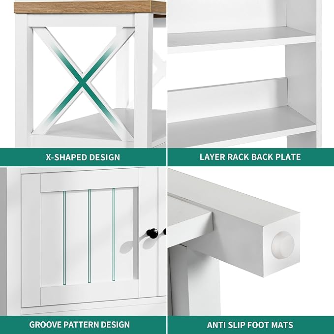 YITAHOME White Microwave Stand Bakers Rack Cabinet, Farmhouse Freestanding Small Kitchen Pantry Hutch Tall w Door Power Outlet Thickened Counter, Coffee Bar Storage Shelves
