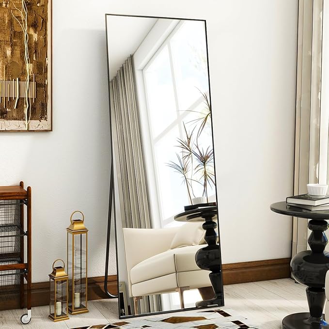 VooBang Mirror Full Length, 21" x 64" Floor Mirror with Stand, Aluminum Alloy Frame Full Body Mirror, Standing Hanging or Leaning Against Wall for Bedroom and Living Room, Black