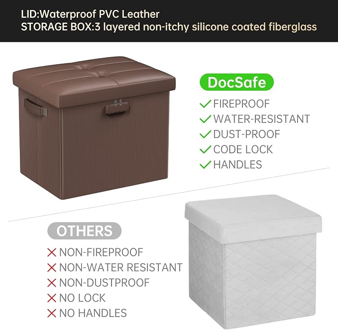 DocSafe Storage Ottoman Foot Rest Stool with Lock ＆ Handle, Fireproof Folding Leather Footstool Bench with Storage Safe for Living Room Bedroom, Home Office, Dorm, 17x13x13in, Brown