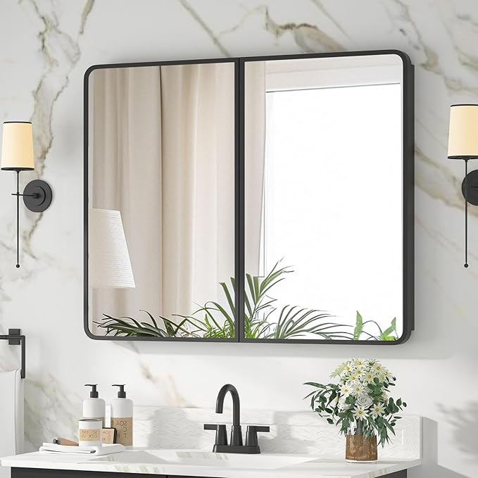 Bathroom Medicine Cabinet with Mirror 24 x 30 Inch, Black Medicine Cabinet Recessed or Surface Wall-Mounted, Mirrored Cabinets with Sturdy Metal Adjustable Shelves for Bathroom Vanity