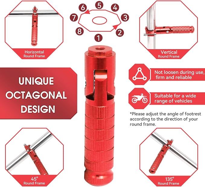 Foot Pegs Non-sliding Footrest Motorcycle Bicycle Folding Foot Pegs 90 Degree Foldable Electric Motorbike Passenger Footrests Rearsets Rear Set Footpegs Foot Rest Pedals (Red)