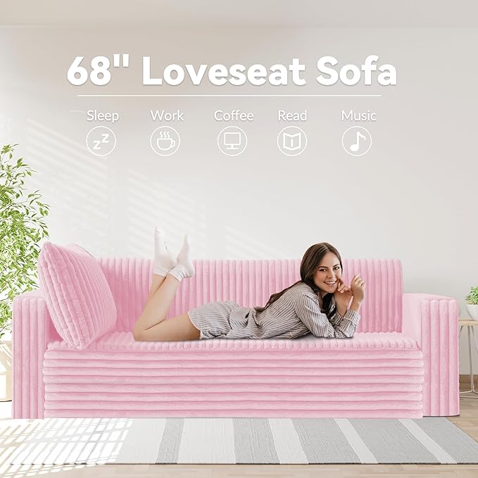 HABUTWAY 68" Loveseat Boneless Couch, 4-in-1 Convertible Sofa Bed, Plush Fur Folding Futon Sofa Bed Couches with 2 Pillows for Living Room, High-Density Foam Support, No Assembly Required, Pink