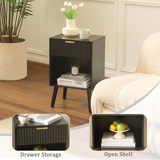 Fultyle Black Fluted Nightstand, Modern Bedside Table with Drawer and Opening Storage, End Side Table Living Room with Solid Wood Legs for Bedroom (Black)