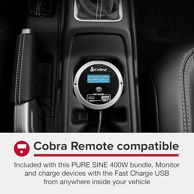 Cobra CPI400PSW Pure Sine Portable Power Inverter with Compatible Cobra CPIALCDG1 Remote Controller: 2 Grounded AC Outlets, 2 Fast Charge USB Ports, Remote On/Off, 4 Mounting Options, Black