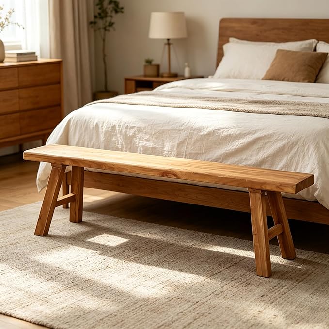 Bench——Wooden Bench Indoor ,Rustic FarmhouseNarrow Entryway Bench withNatural Solid Wood, Durable and Sturdy, Suitable for Dining Room, Bedroom, Porch and Other Narrow Spaces (39.3 * 10.2 * 17.7)，