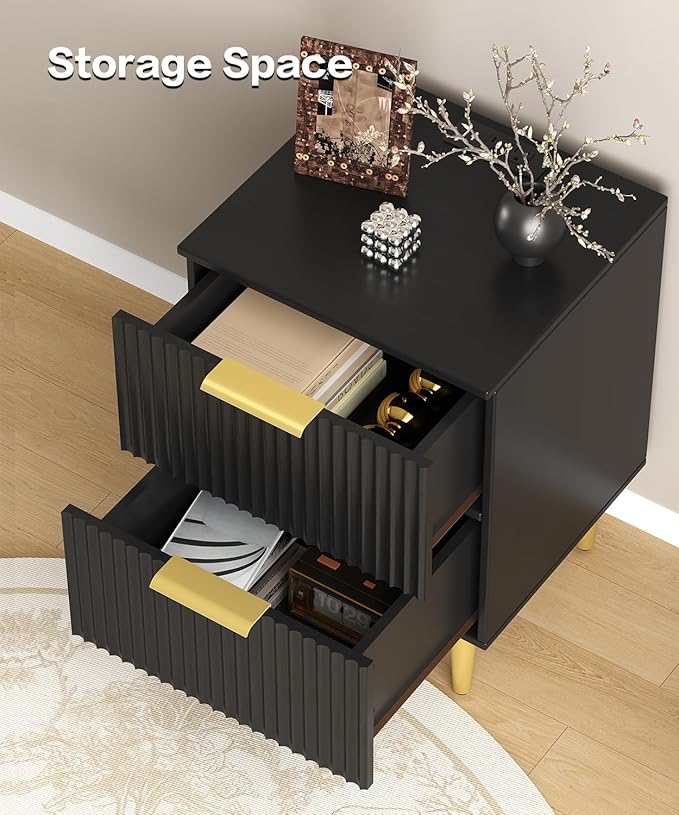 Akxomel Black Nightstand Set of 2, Fluted Night Stand with Charging Station, 13.8" D x 15" W x 23.2" H, 2 Drawers Modern Bedside Table with USB Ports and Outlets, Golden Side Table for Bedroom