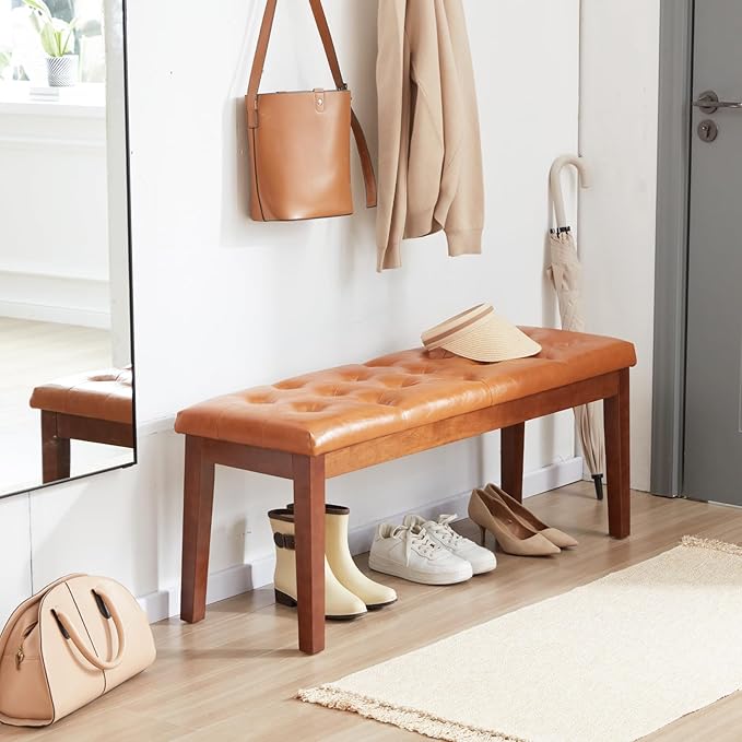 Ottoman Bench Upholstered Padded Seat with Solid Wood Legs and Button-Tufted, Faux Leather Cognac Brown