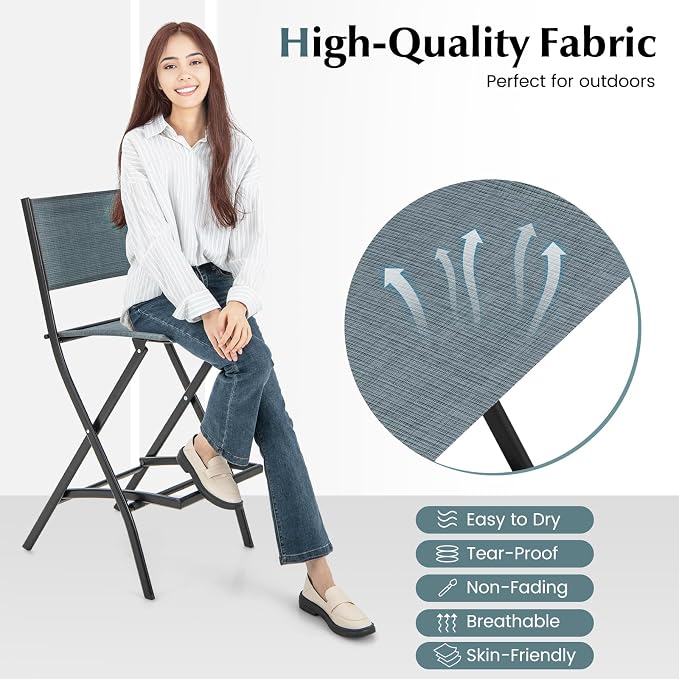 COSTWAY Outdoor Patio Bar Chair Set of 4, Folding Counter Height Stool with Metal Frame & Footrest, Patio Bar Stool for Balcony, Garden & Poolside (4, Blue)