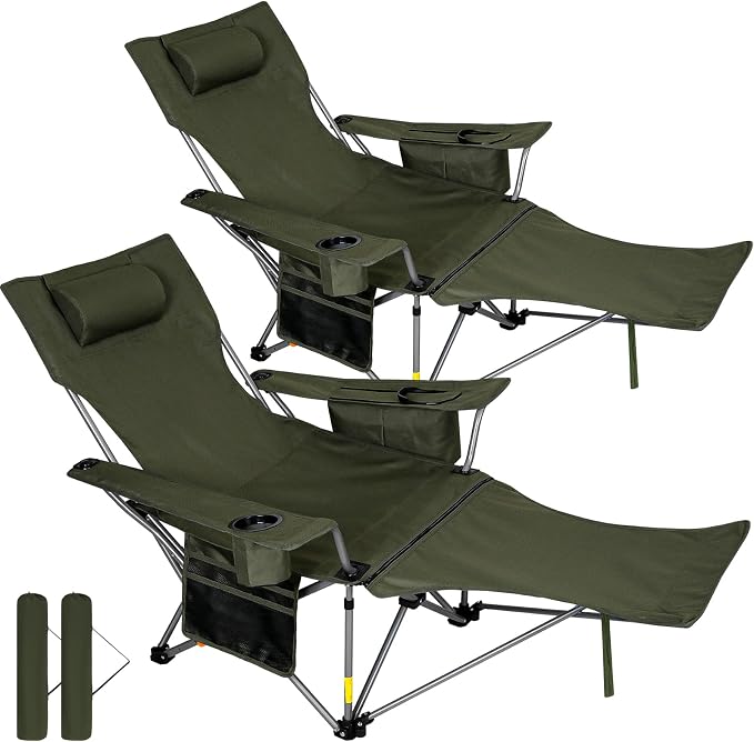 Romswi 2Pack 4-Position Reclining Camping Chair with Removable Footrest, 2-in-1 Adjustable Portable Lounge Chair with Cooler Bag, Cup Holder, Side Pockets & Carry Bag for Outdoor, Olive Green