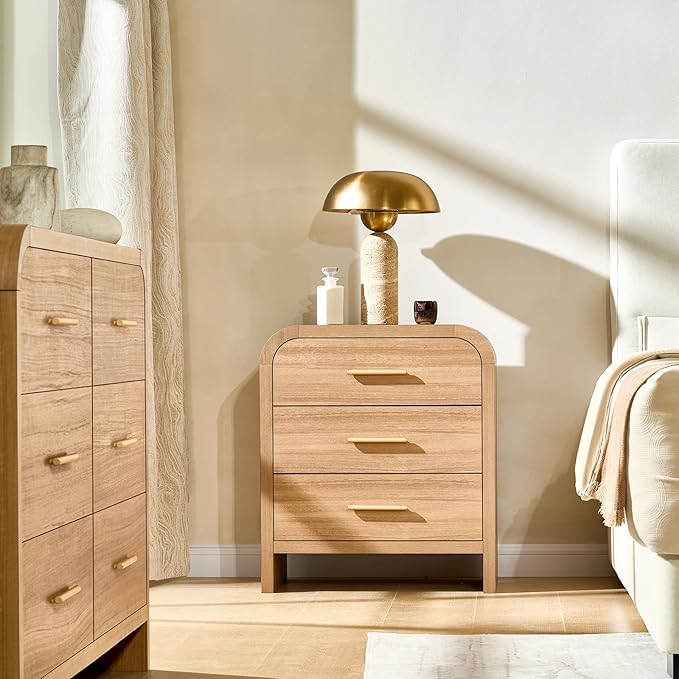 Farmhouse Nightstand Set of 2, 23.5" Curved Modern Night Stand with 3-Drawer, Bedside Table, End Table for Bedroom, Storage Cabinet Furniture, Oak