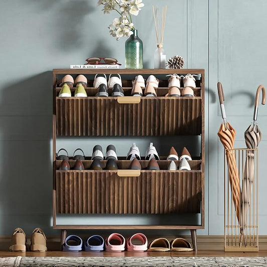Shoe Cabinet Storage, Modern Freestanding Organizer with 2 Flip Drawers, Narrow Shoe Rack for Entryway, Walnut