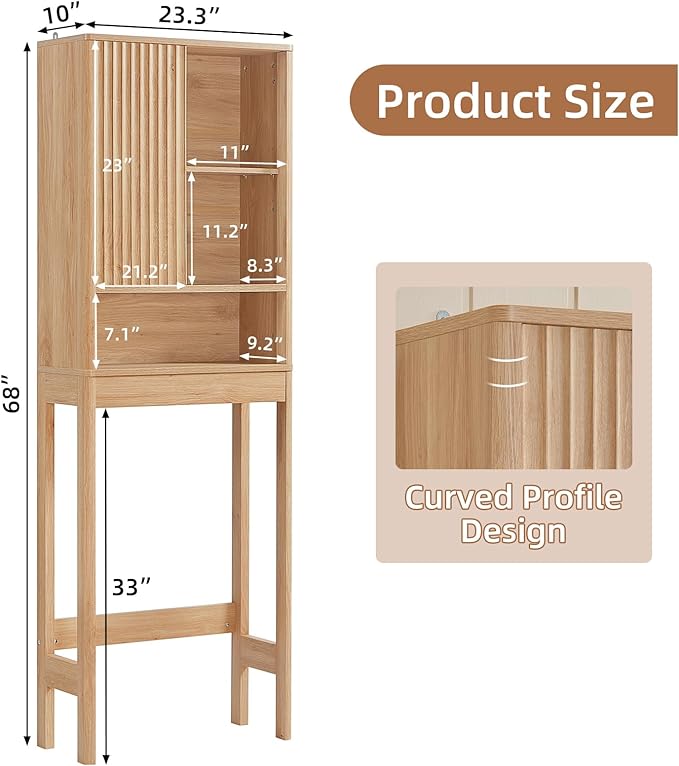 LEYAOYAO Fluted Over The Toilet Storage Cabinet, Farmhouse Over Toilet Bathroom Organizer with a Sliding Door, 68" Tall Wood Natural Freestanding Washer Shelf with Adjustable Shelf & Curved Profile